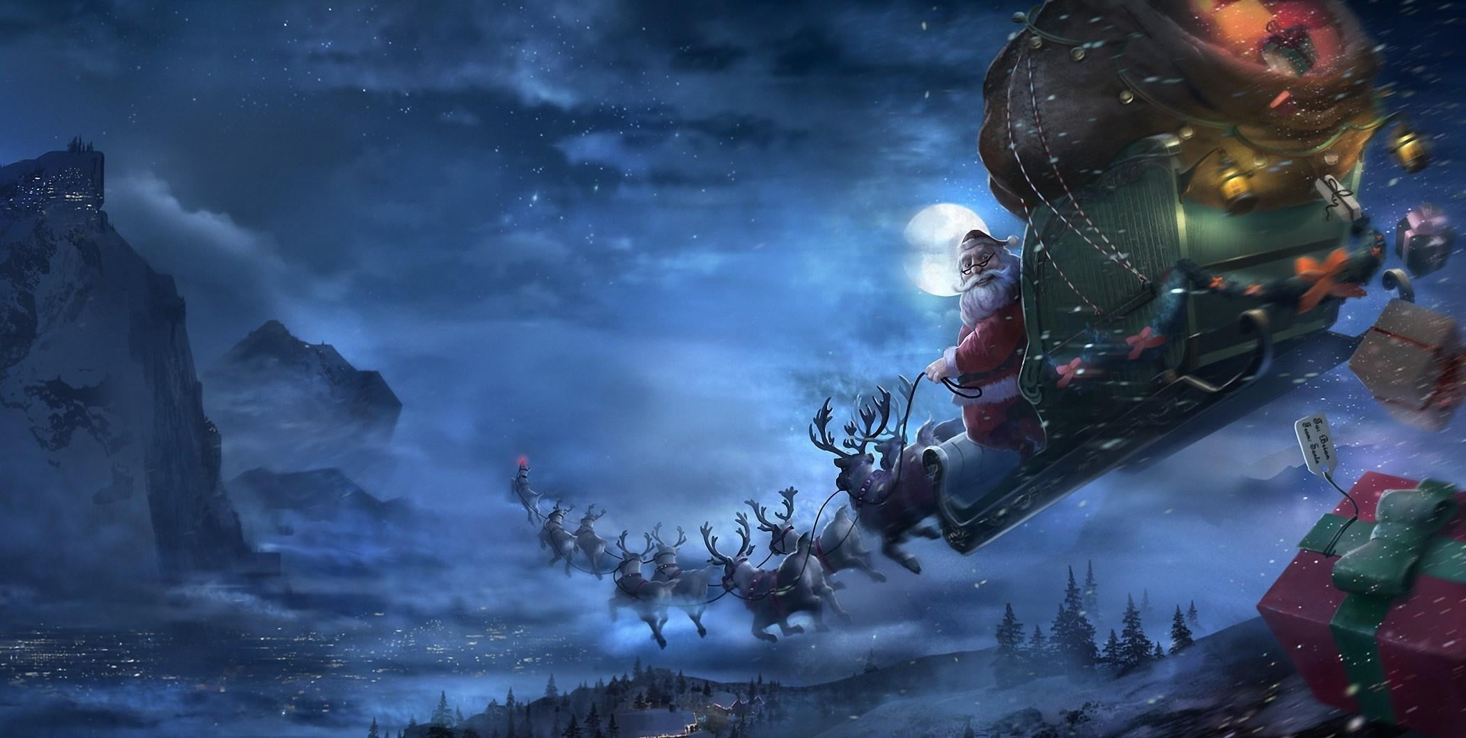 Santa Claus illustration reindeer sleigh flying gifts christmas 2k
