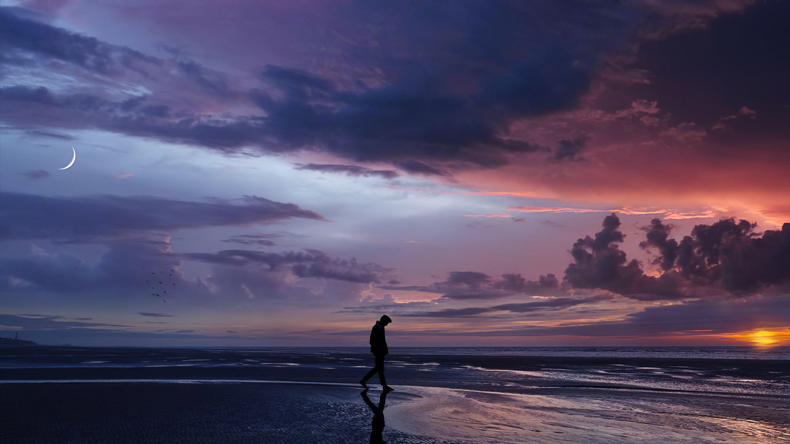 beach alone clouds sea water Moon sunset walking 2k