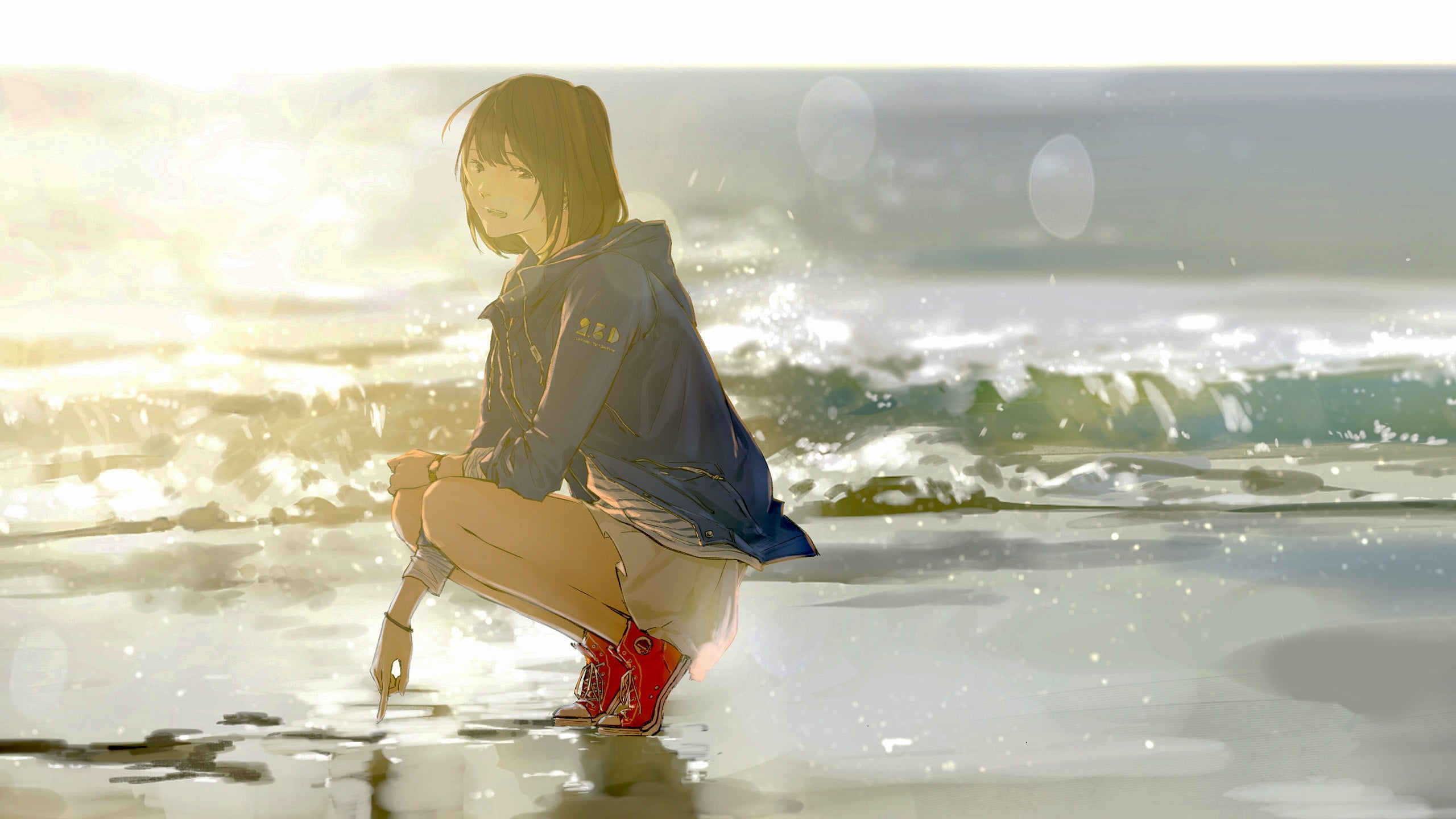 beach sea squatting anime girls red shoes water one person 2k