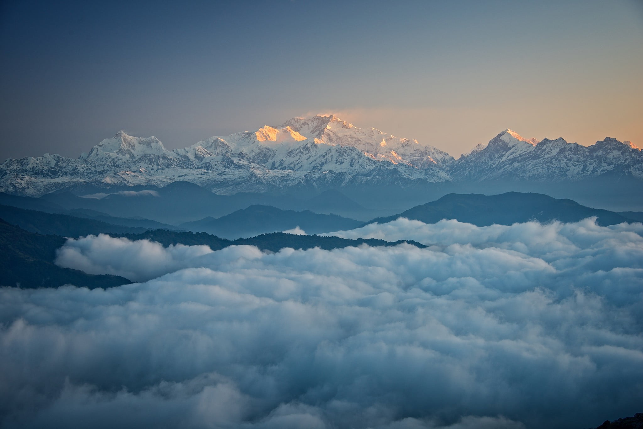 snow covered mountain in fogs landscape clouds mountains 2k