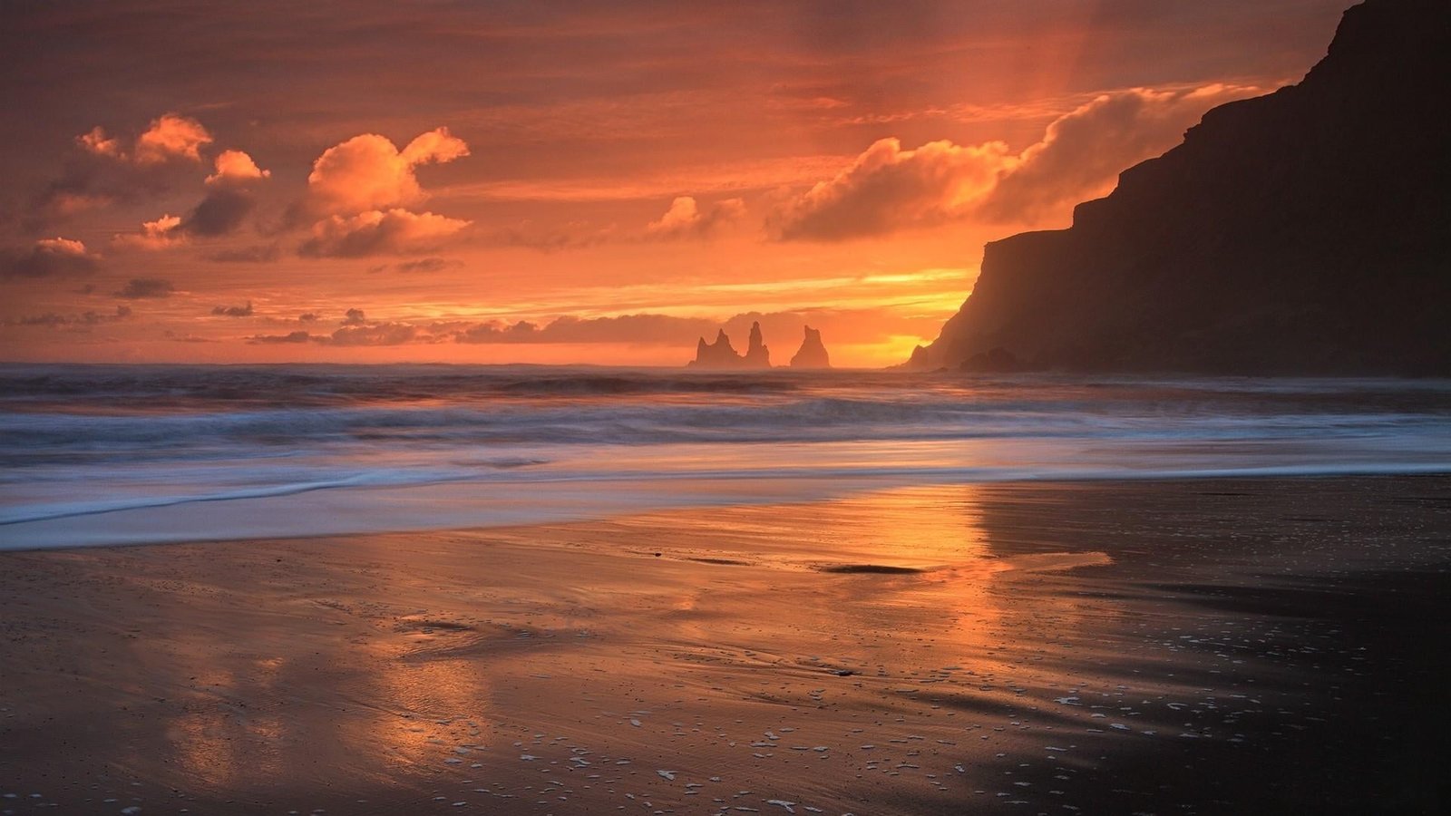 sunset landscape shore waves sandy beach evening water 2k
