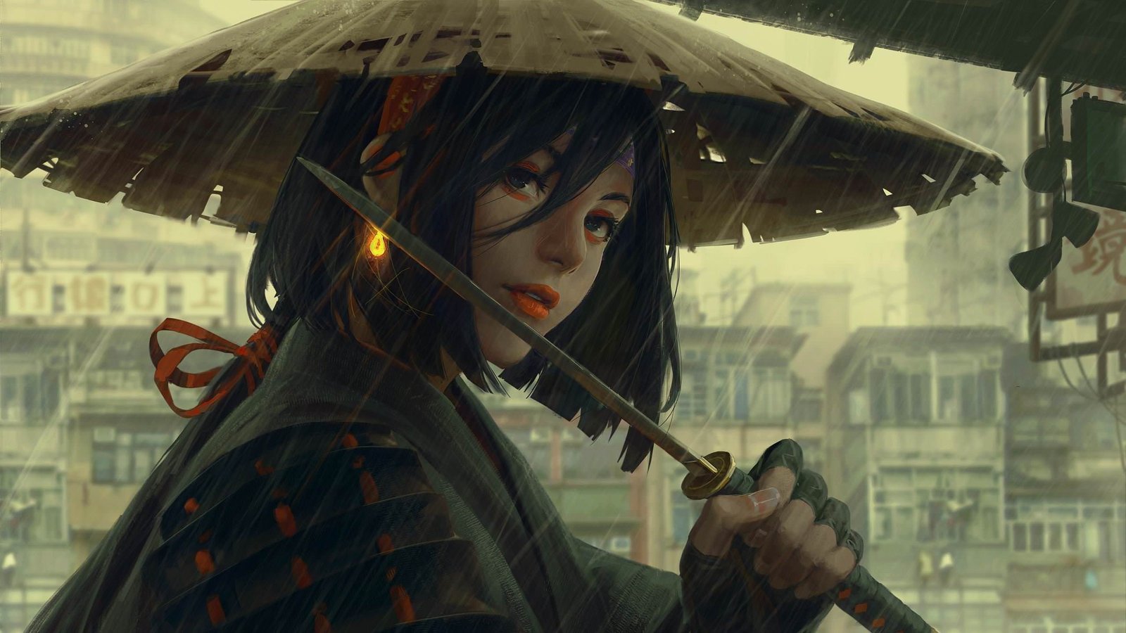 black haired girl holding katana wearing tan hat anime character wallpaper 64 2k