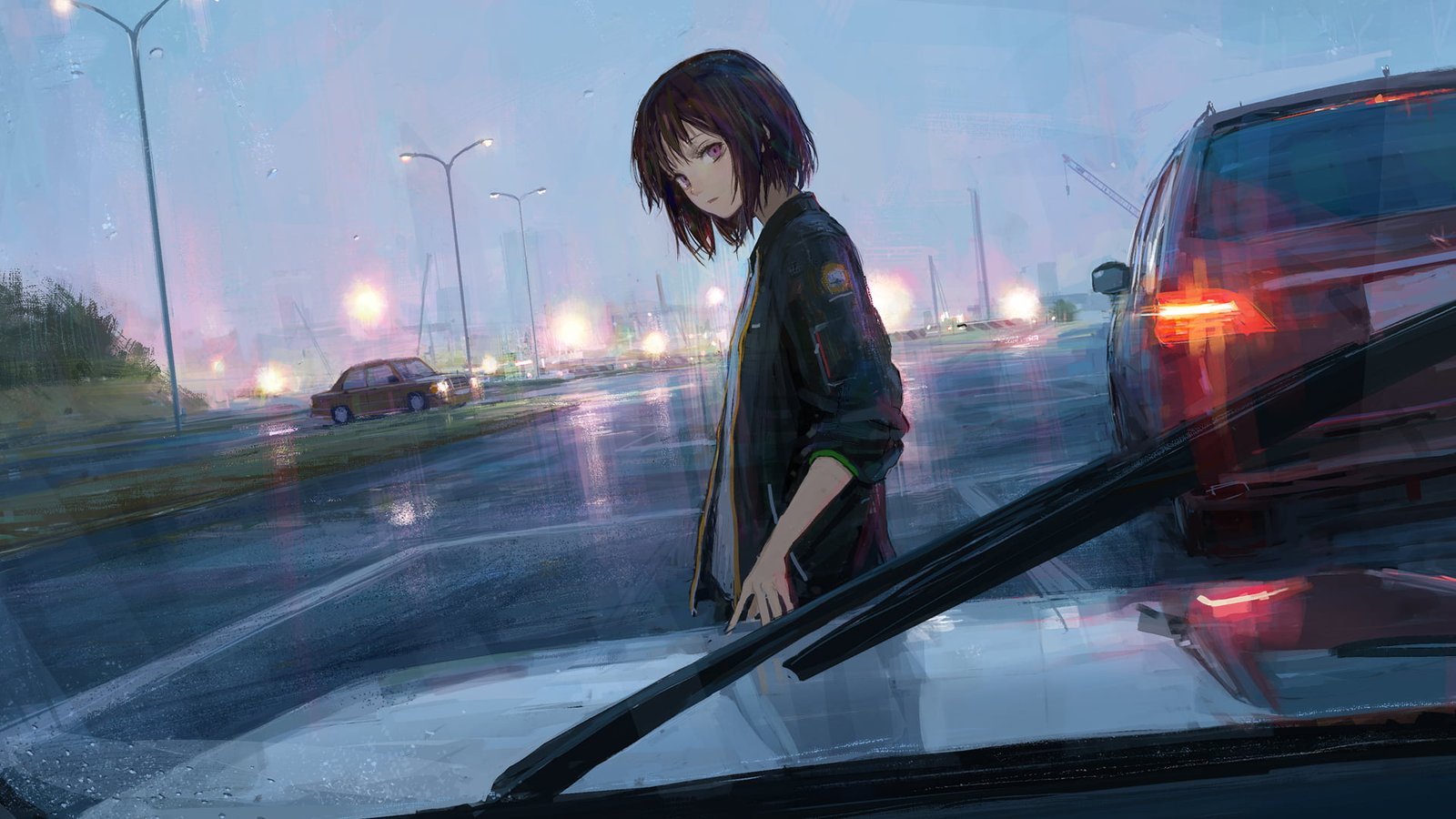 black haired female character in jacket digital wallpaper anime 2k