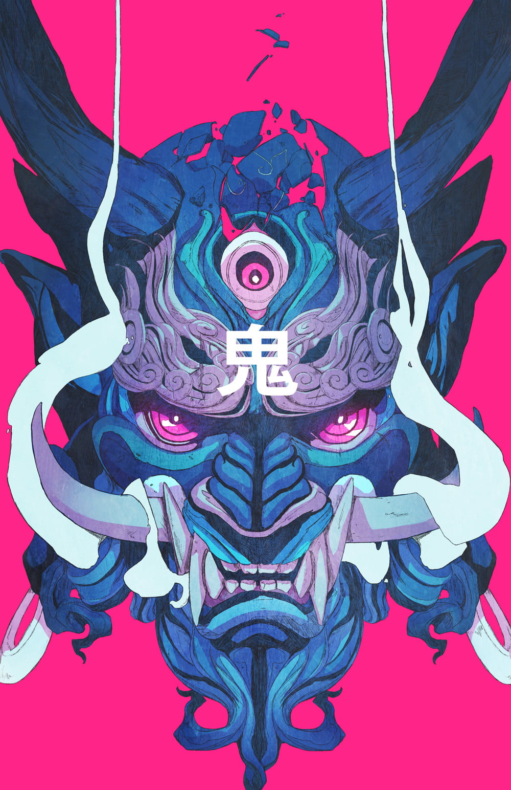 blue and gray oni mask digital wallpaper demon samurai Chun Lo