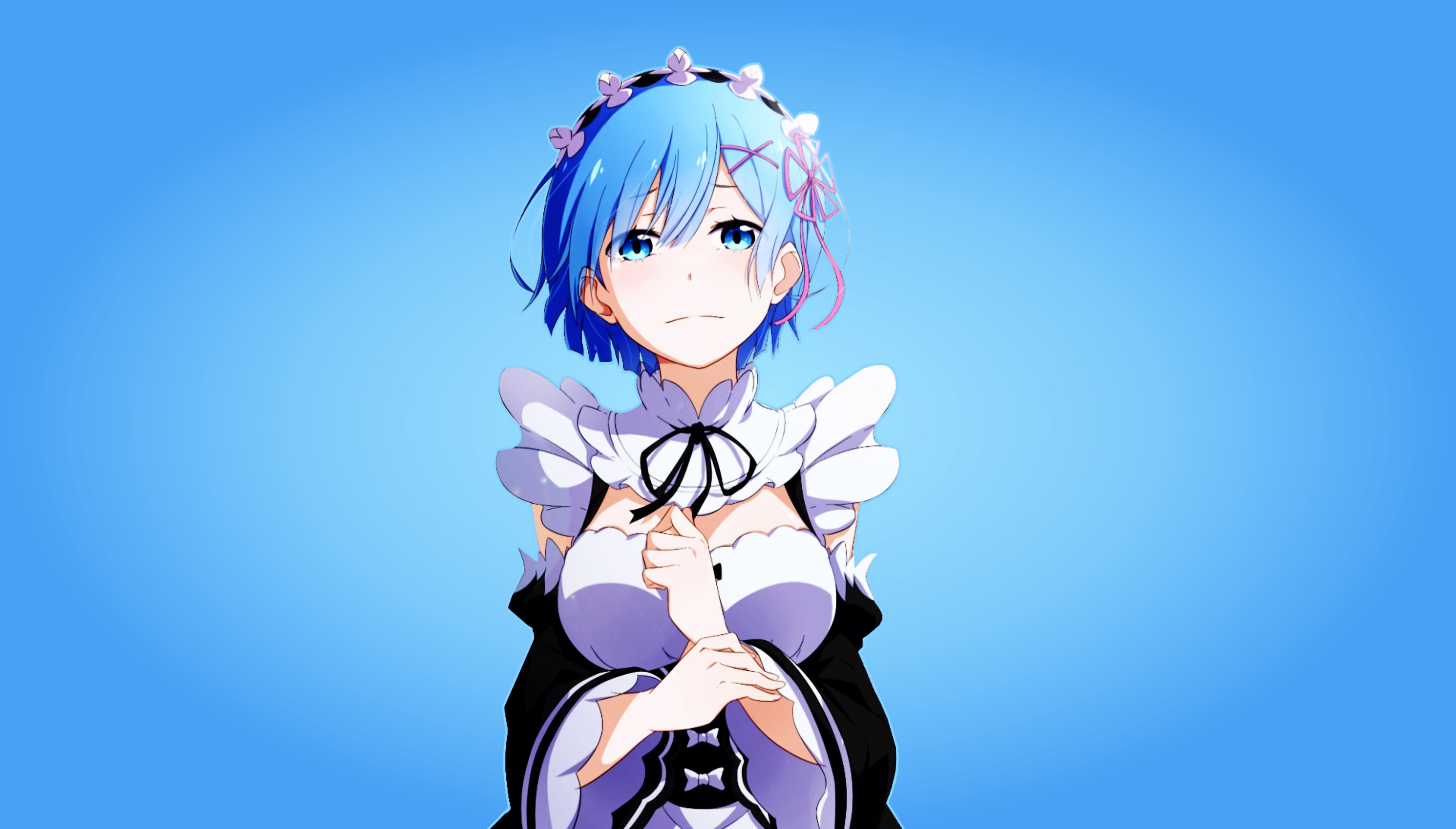 blue haired female anime character illustration Rem Re Zero 2k 4k