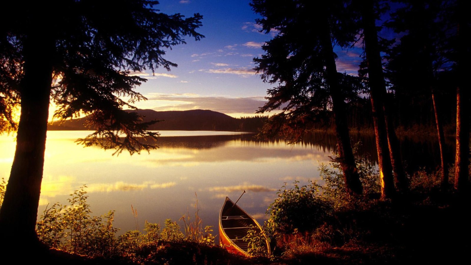 Boat lake sunset trees beautiful natural scenery 2k
