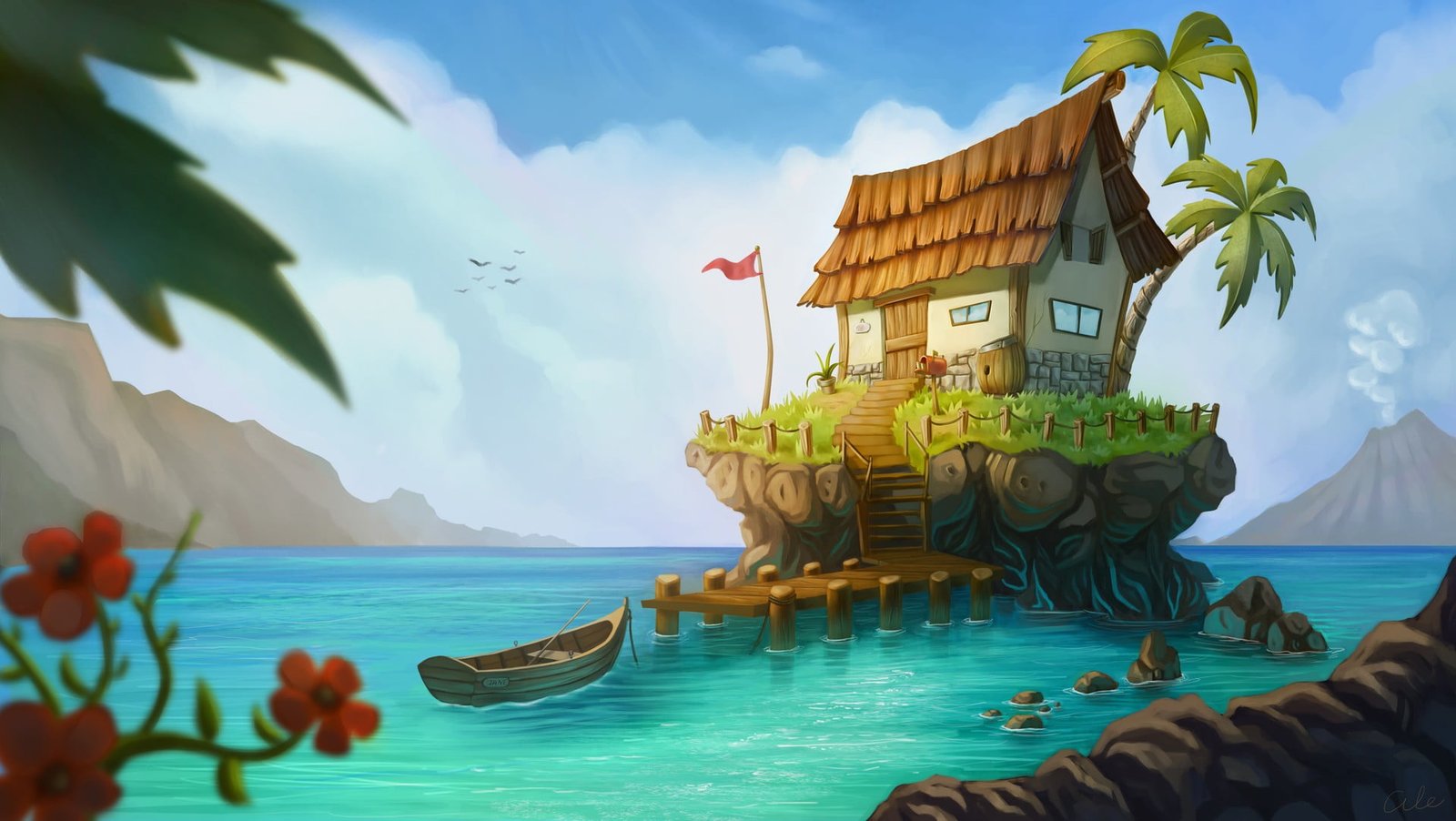 white and brown house on island wallpaper beach boat volcano 2k