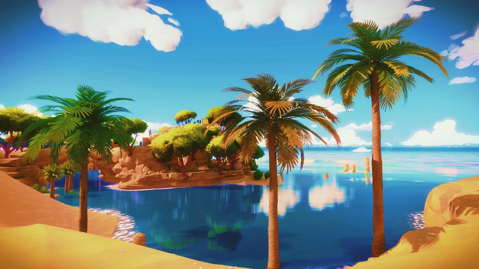 body of water with green palm trees painting video games The Witness 2k