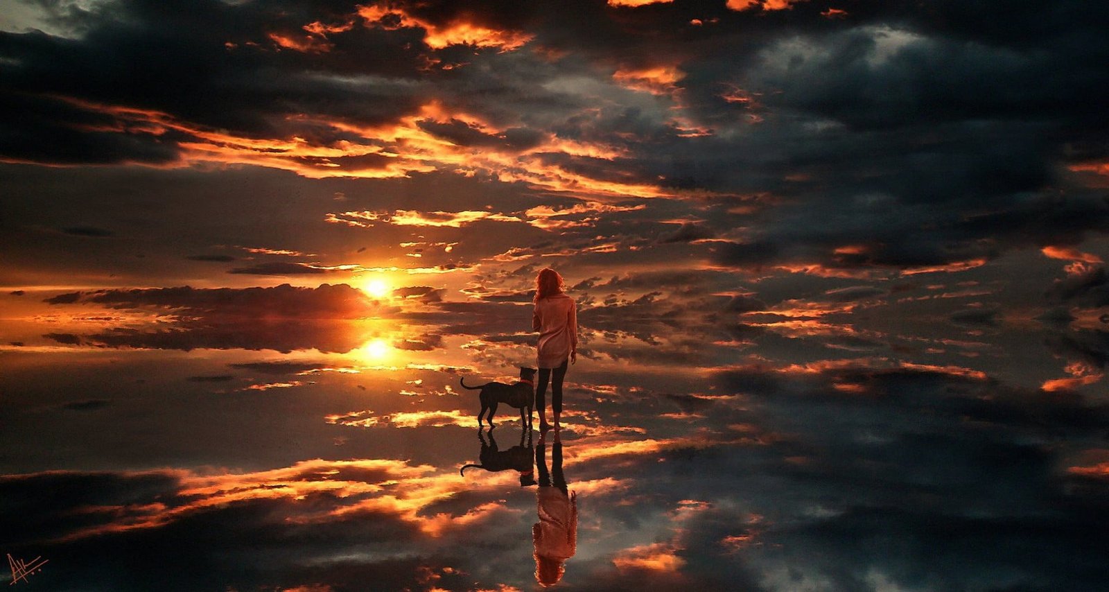 woman and dog standing on body of water digital wallpaper sky 2k