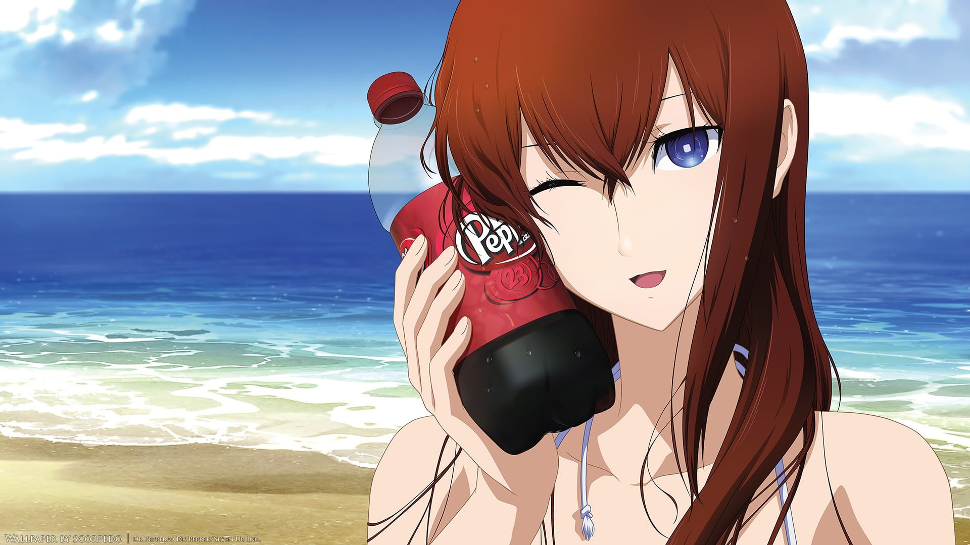 woman holding bottle anime character wallpaper Steins;Gate Makise Kurisu 2k