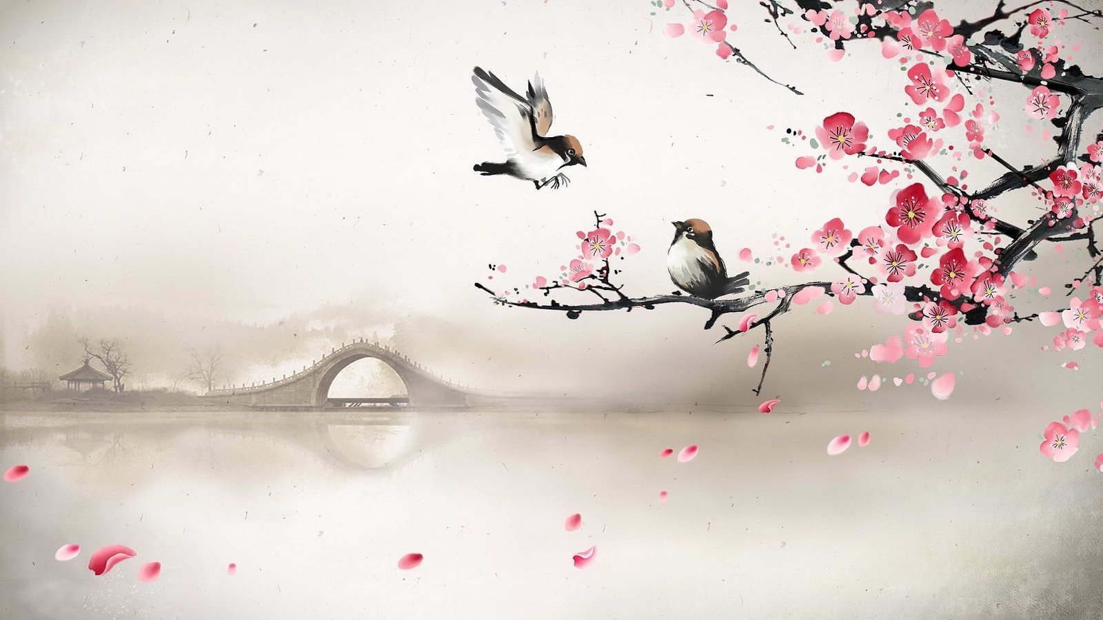 two bird and cherry blossom tree clip art bridge fog river 2k