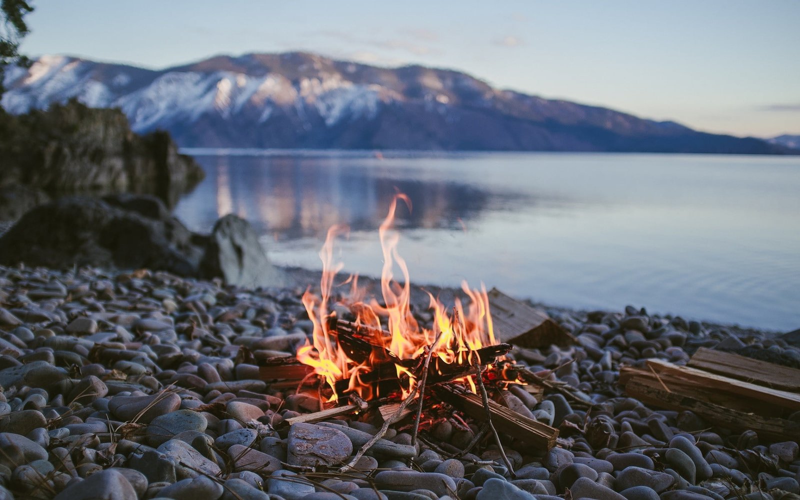 brown firewood campfire lake stones depth of field nature 2k