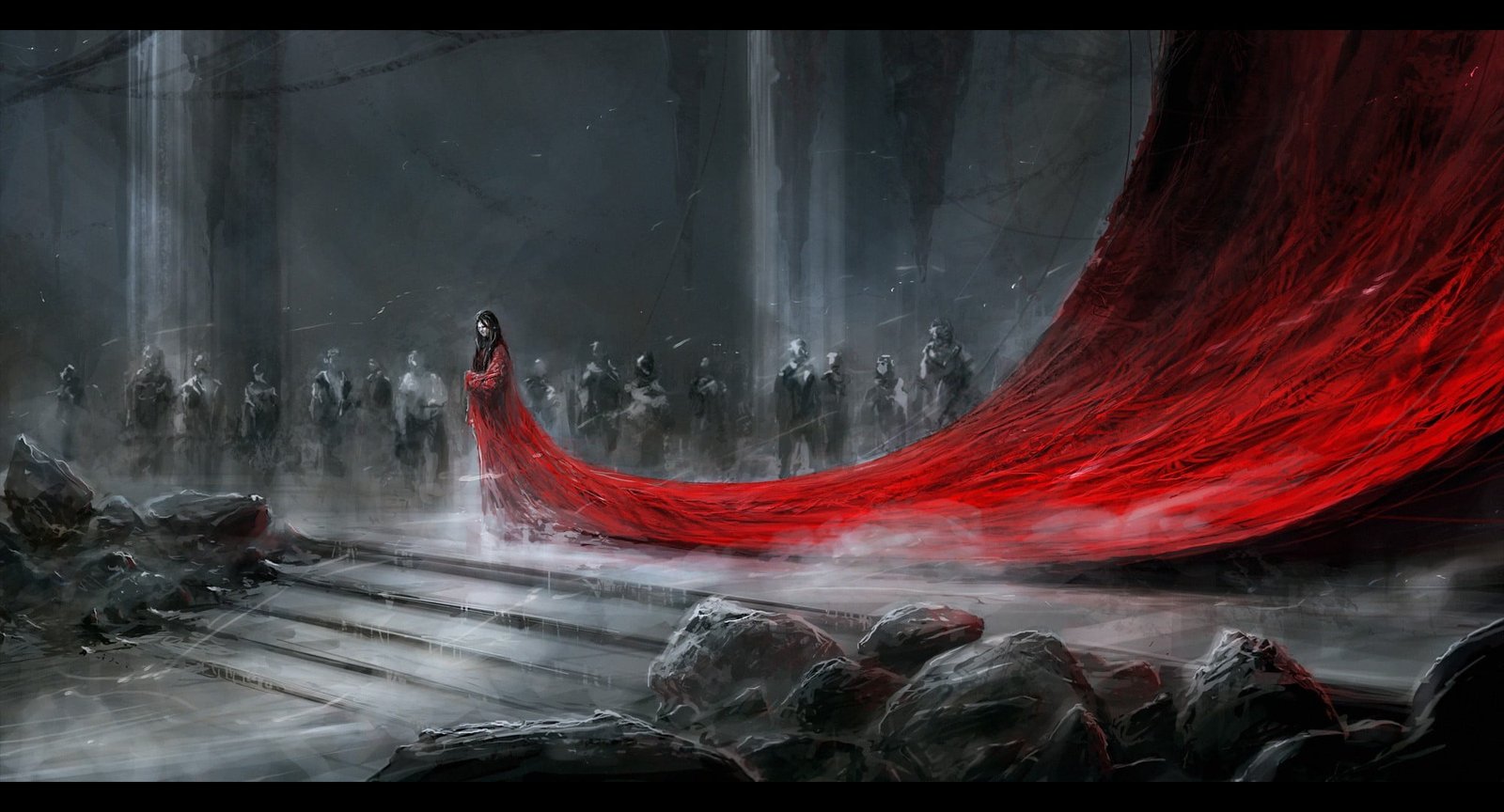 woman wearing red dress digital wallpaper fantasy art selective coloring 2k