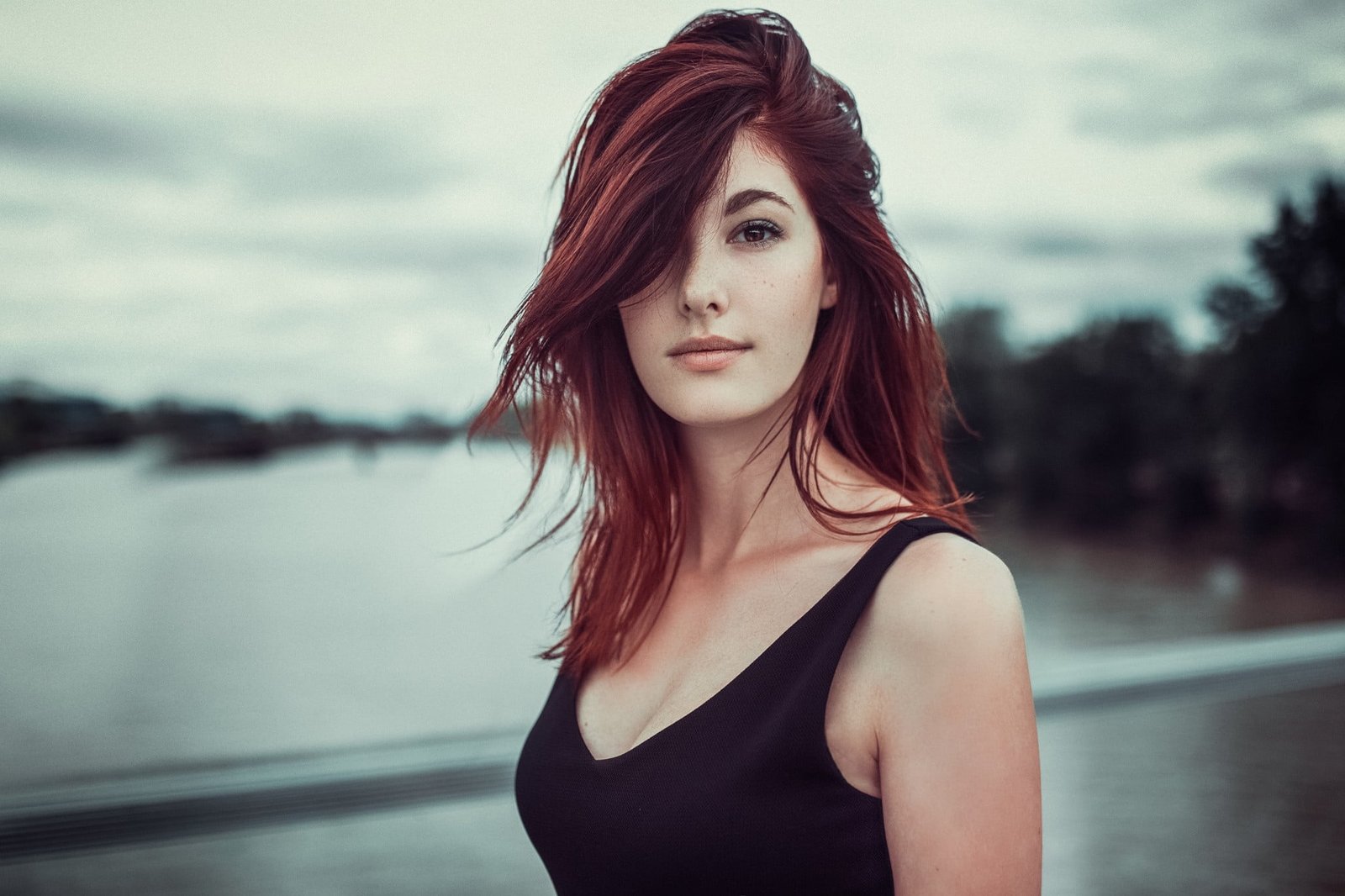 women's black tank top model face portrait redhead looking at viewer 2k