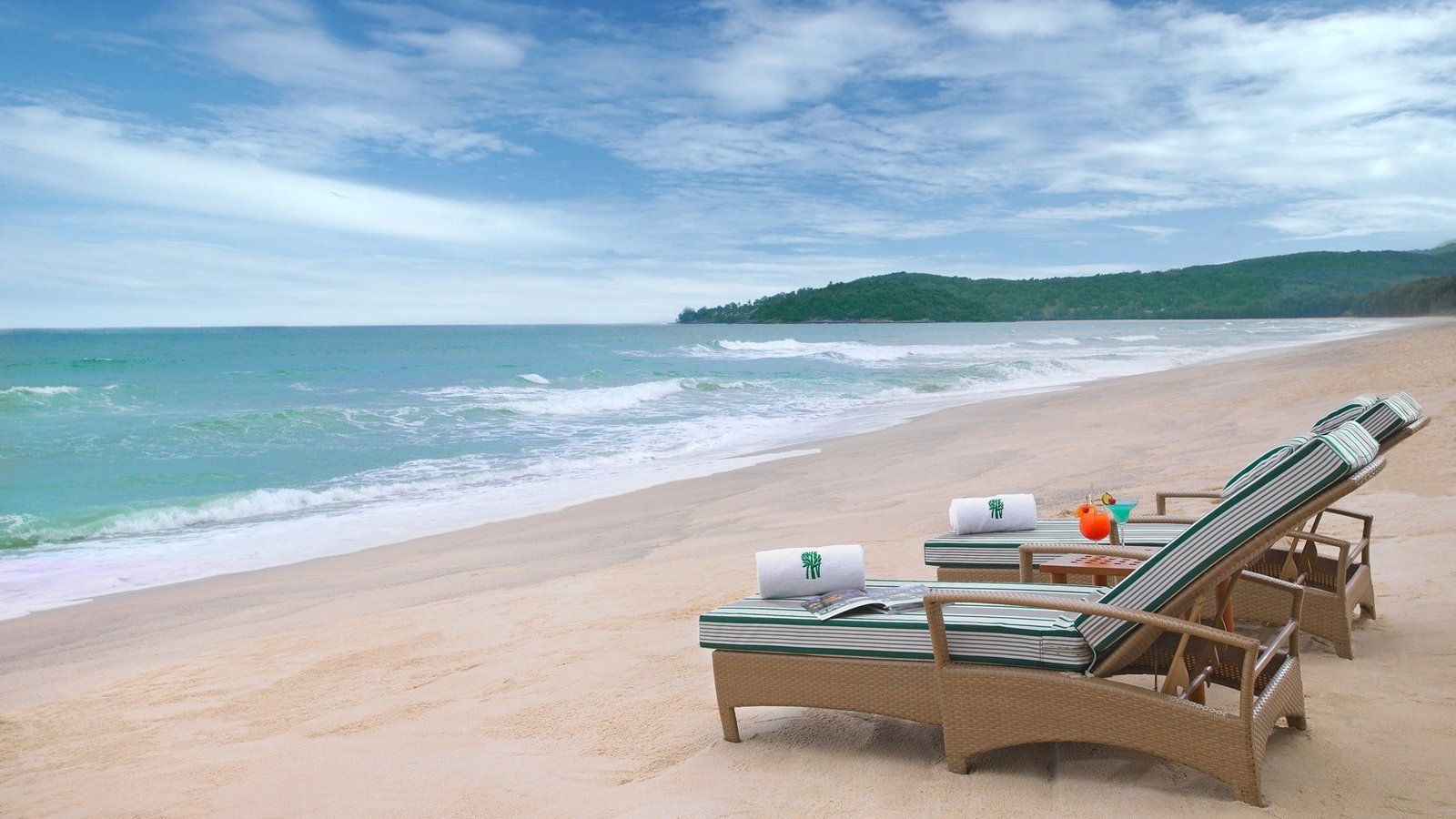 brown wooden sofa bed beach sand sea hills clouds chair 2k