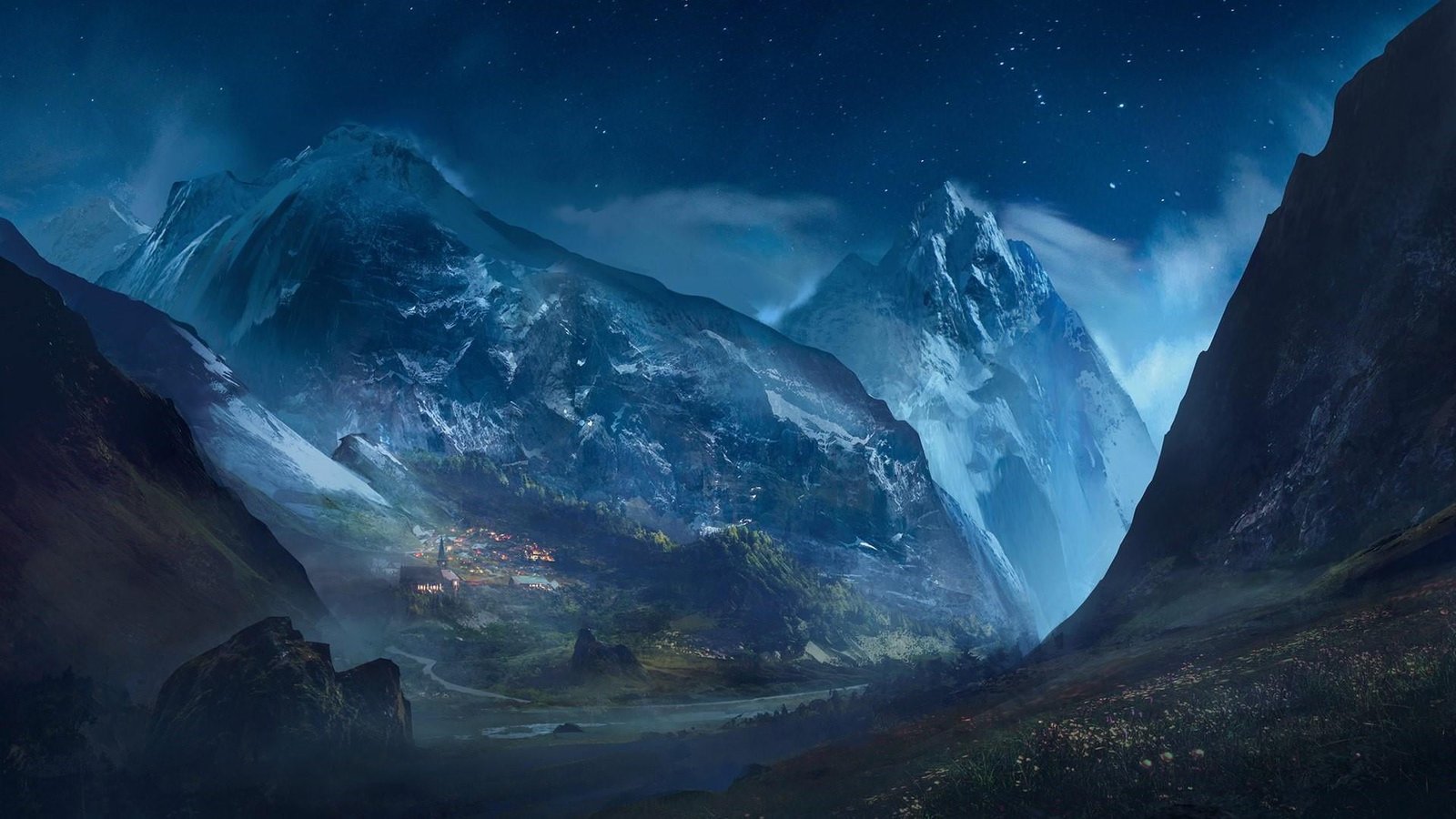 village landscape mountains peak night sky starry 2k