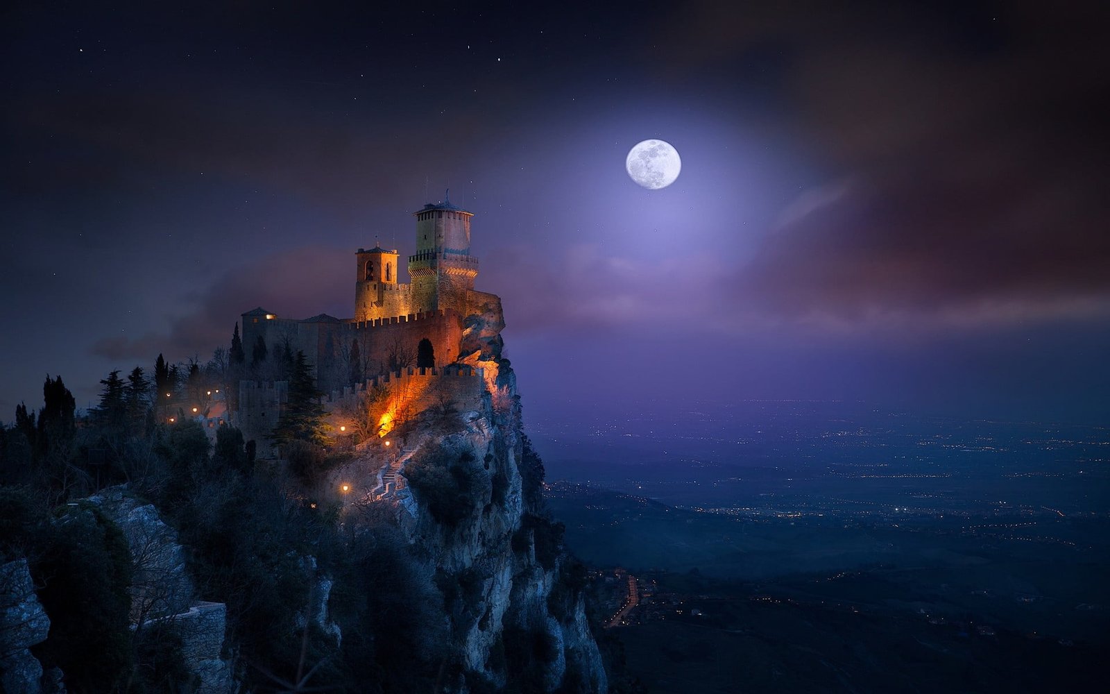 white castle nature landscape Moon cityscape moonlight starry night 2k