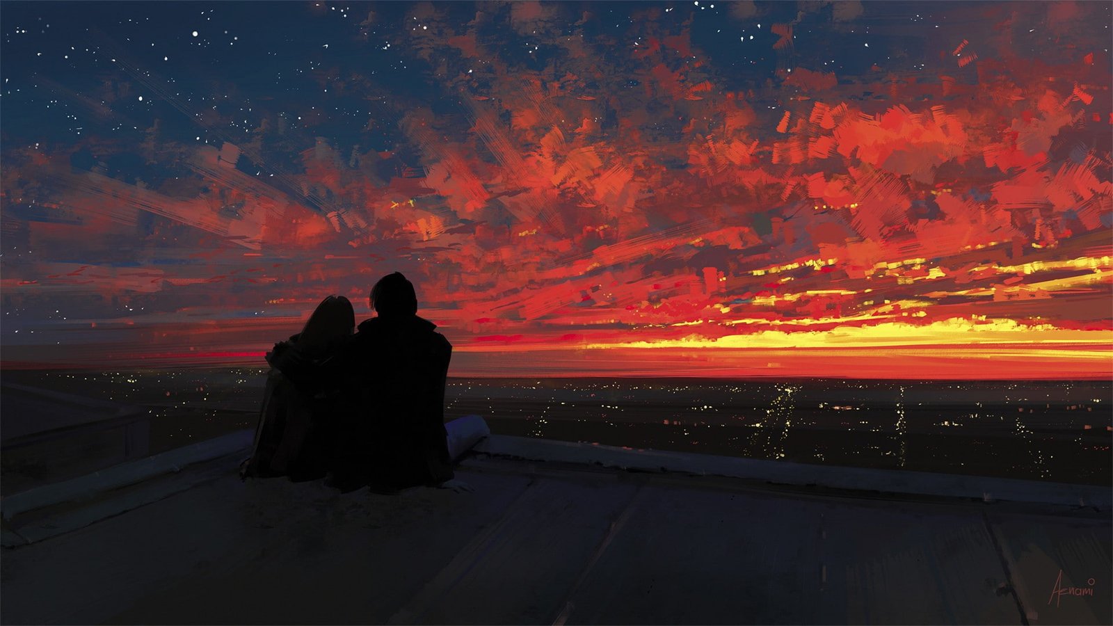 city clouds drawing stars Aenami landscape love painting 2k