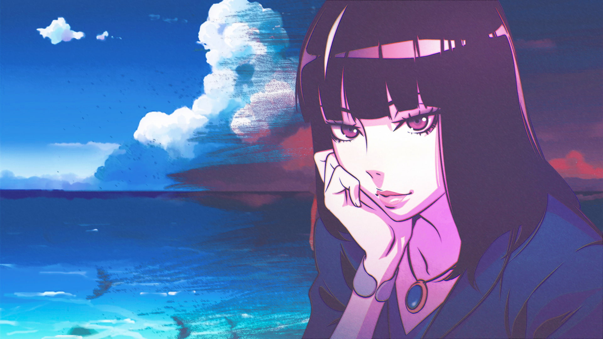 Death Parade beach red eyes Pacific Ocean rear view anime girls 2k