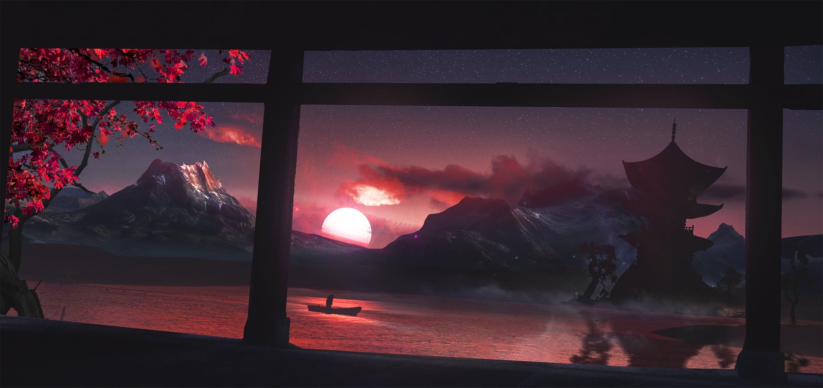 digital art drawing sunset mountains boat lake cherry blossom 2k