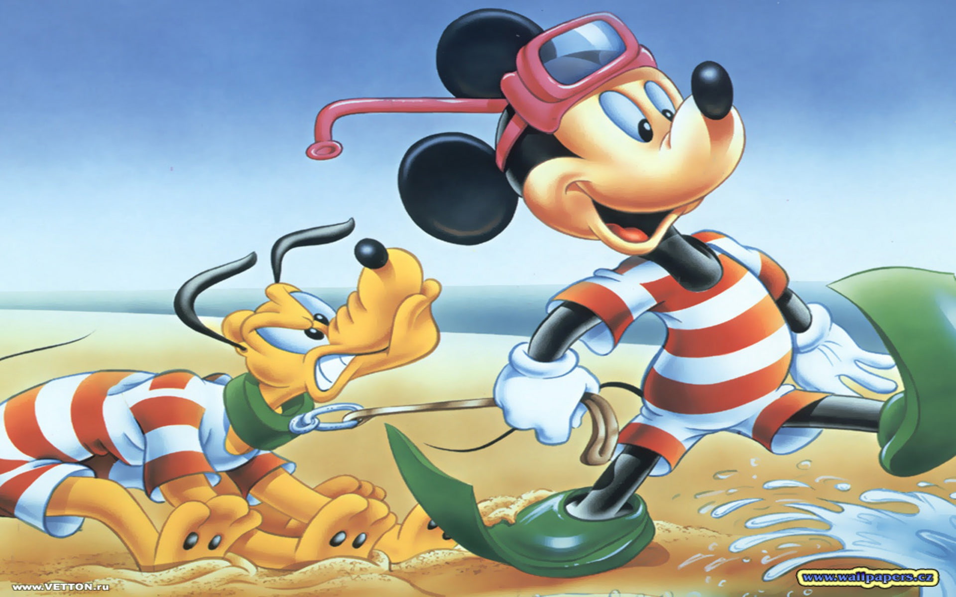 Disney Mickey Mouse And Pluto Characters Sea Beach Bathing Hd Wallpaper 2k