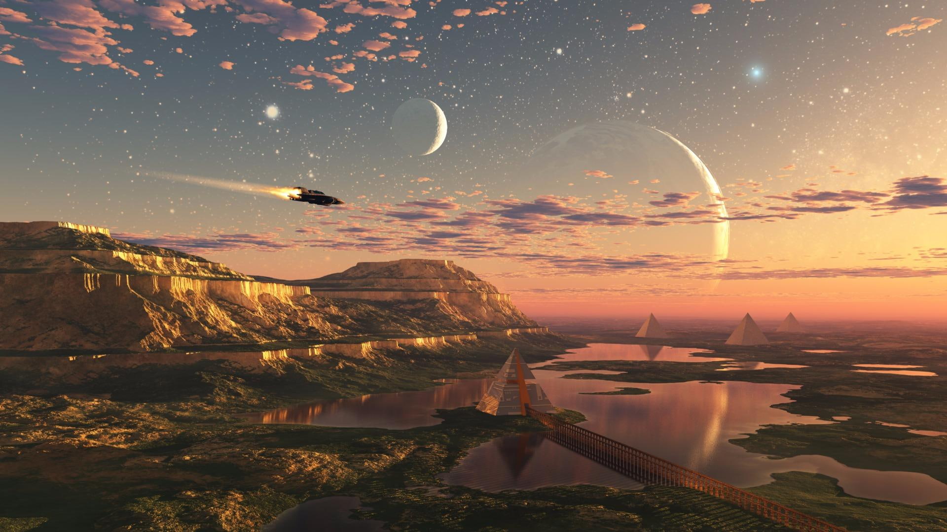 fantasy city moon pyramid pyramidship artwork science fiction 2k