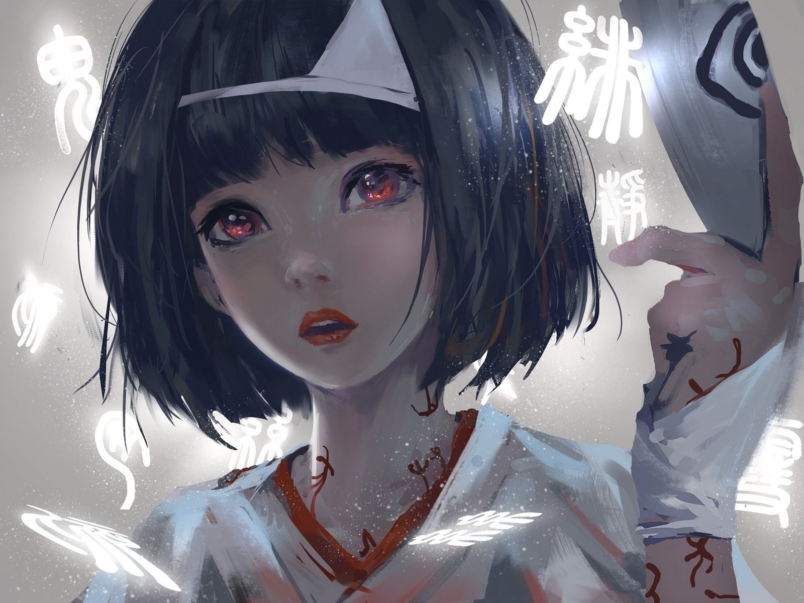 female anime character in white top wallpaper black hair short 2k