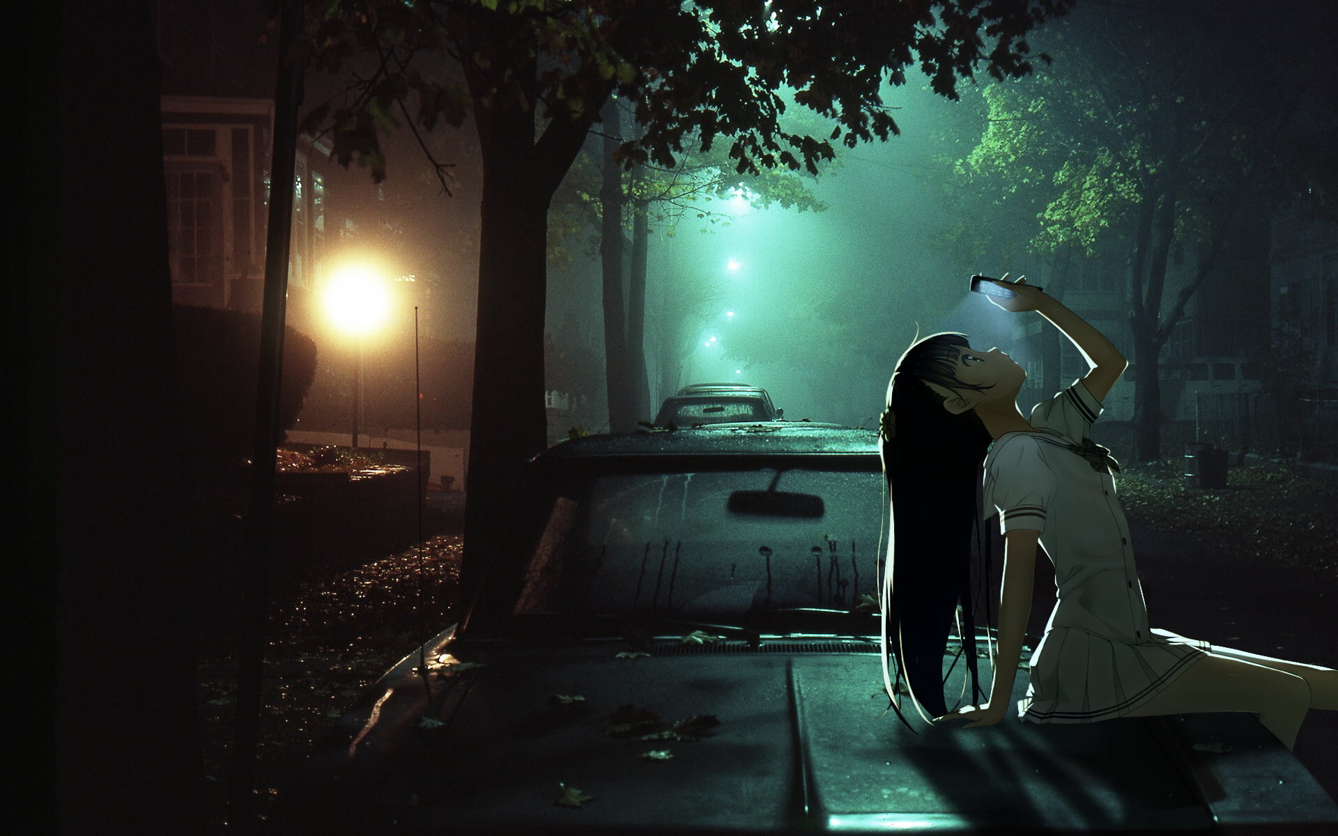 female anime character woman sitting on car during night Kantoku 2k