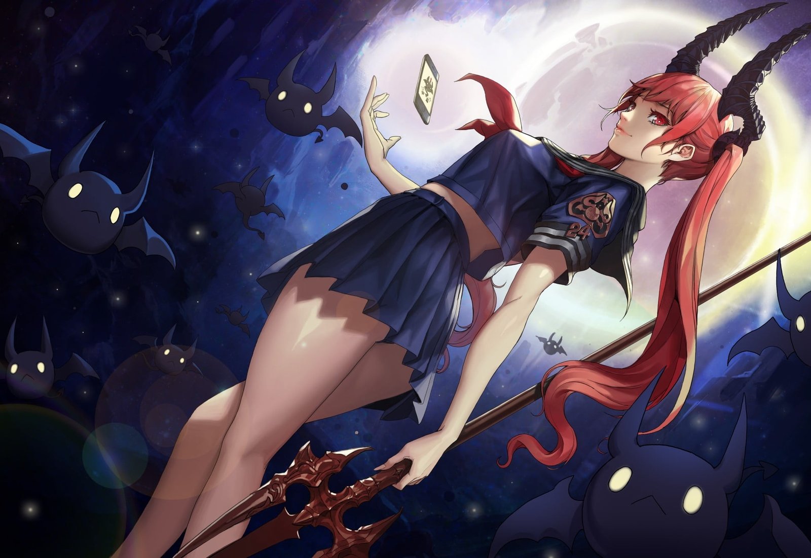 female anime demon wallpaper girls long hair horns redhead 2k