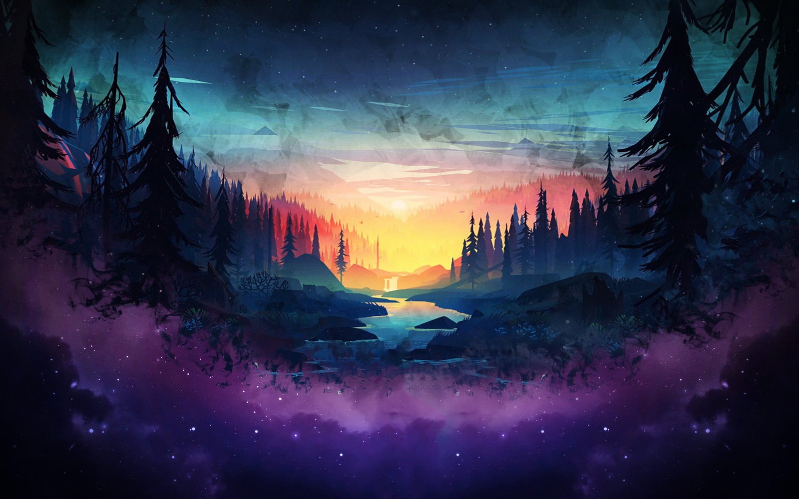 forest with river digital artwork pine tree silhouette painting 2k