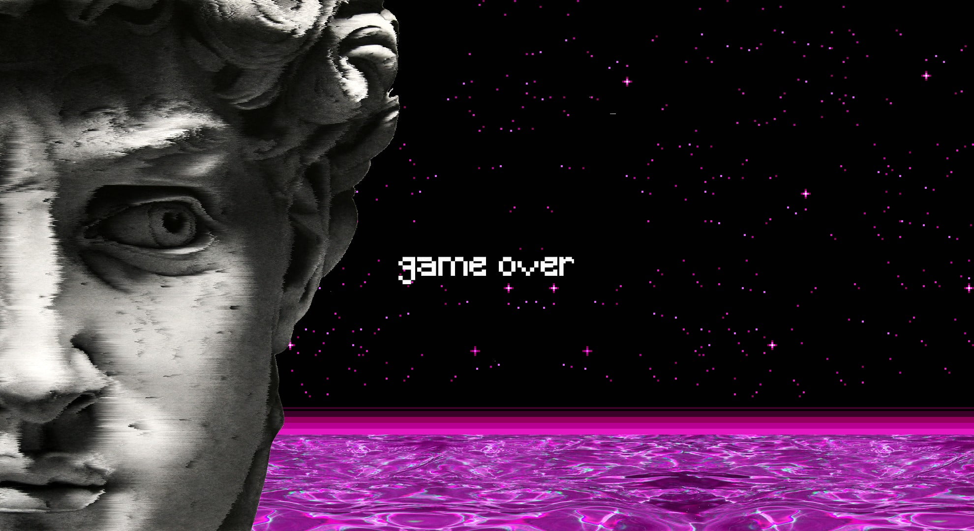 game over text vaporwave statue water spaceship pixel art 2k