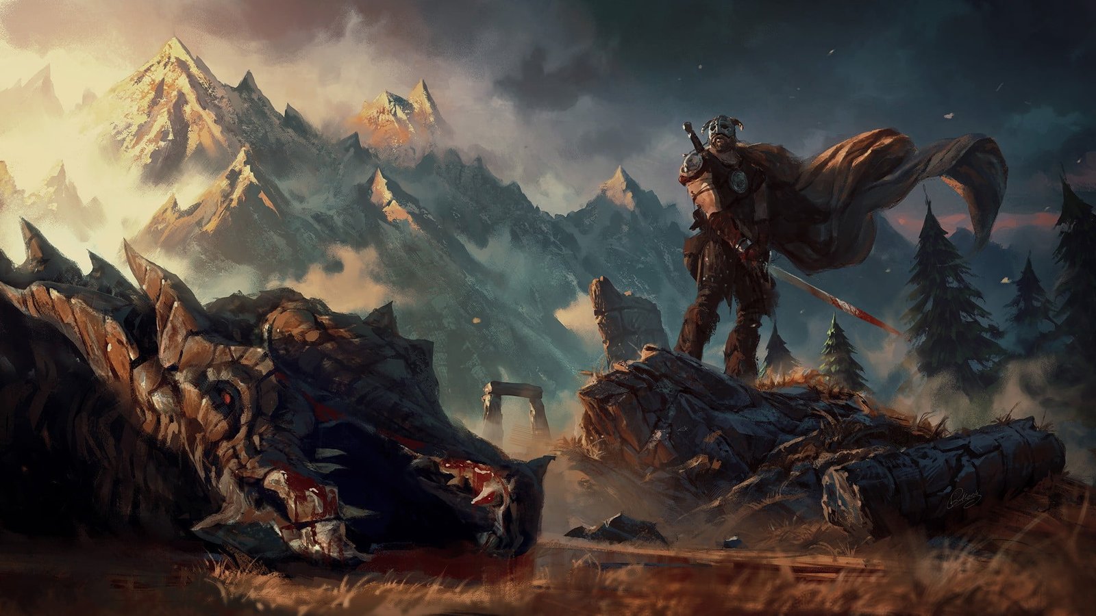 gladiator holding sword near dragon digital wallpaper fantasy art 2k
