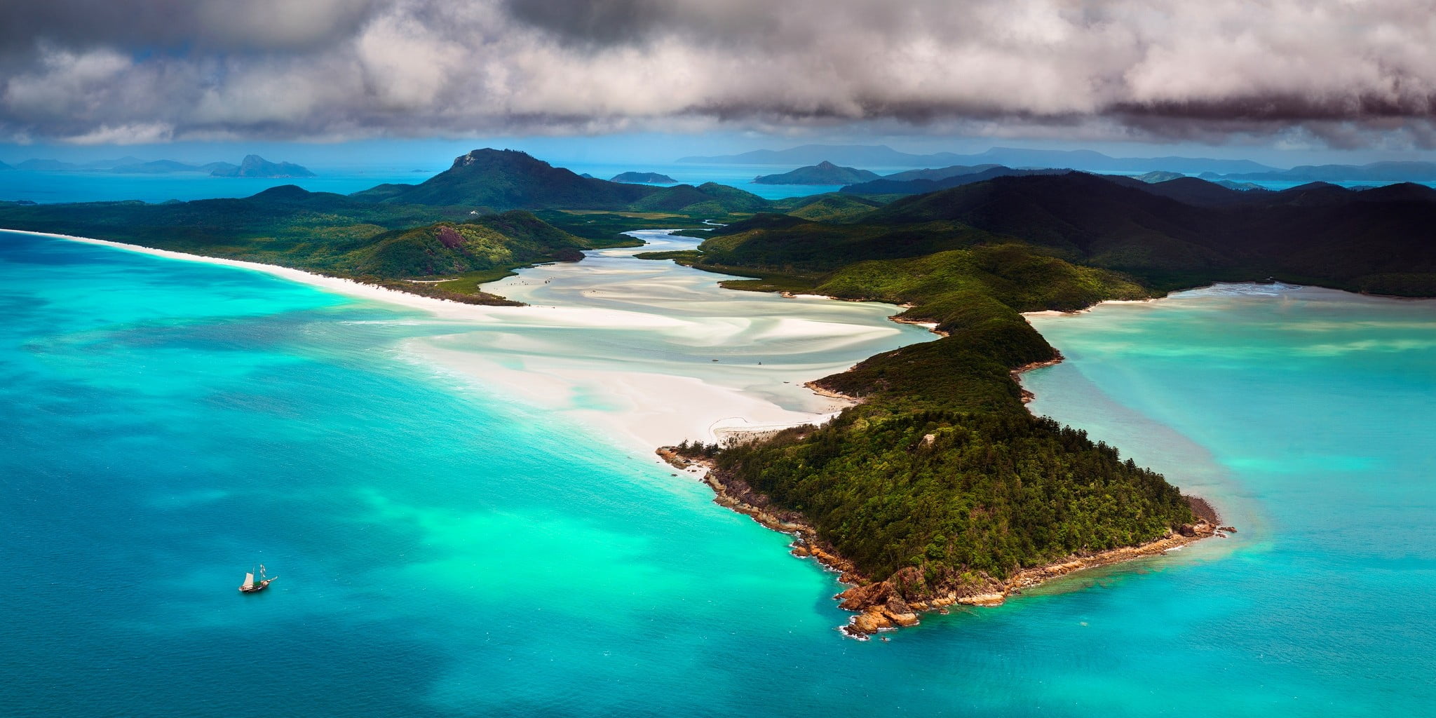green and brown island beach Australia sea sailboats sand 2k