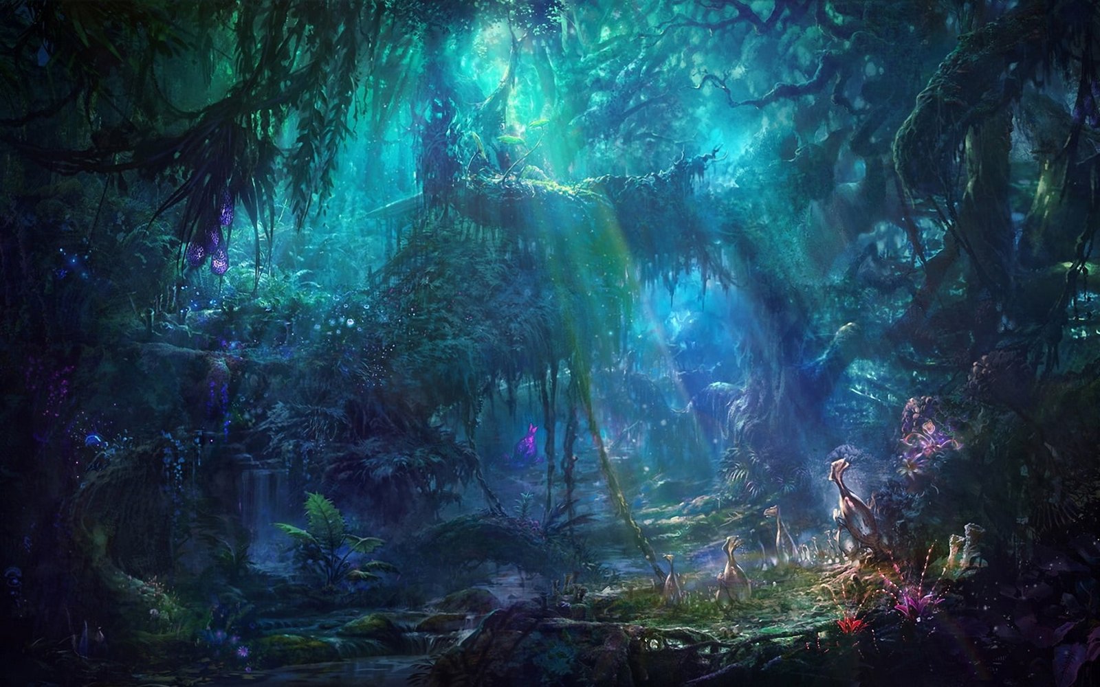 green and purple painting of trees crepuscular rays sun on forest 2k