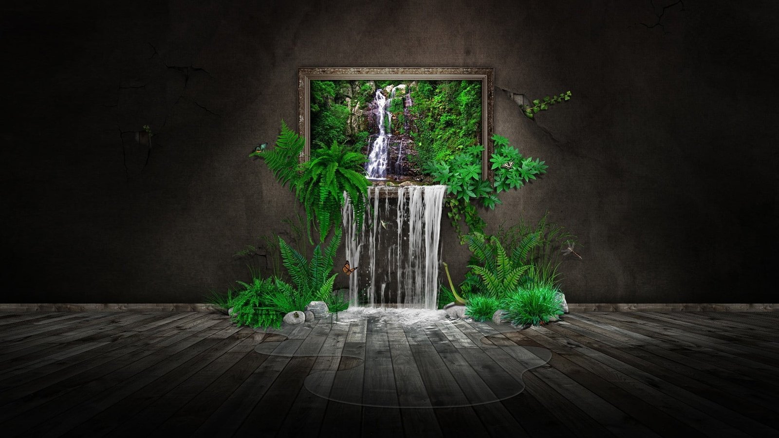 green leafed plants wallpaper digital art CGI minimalism water 2k
