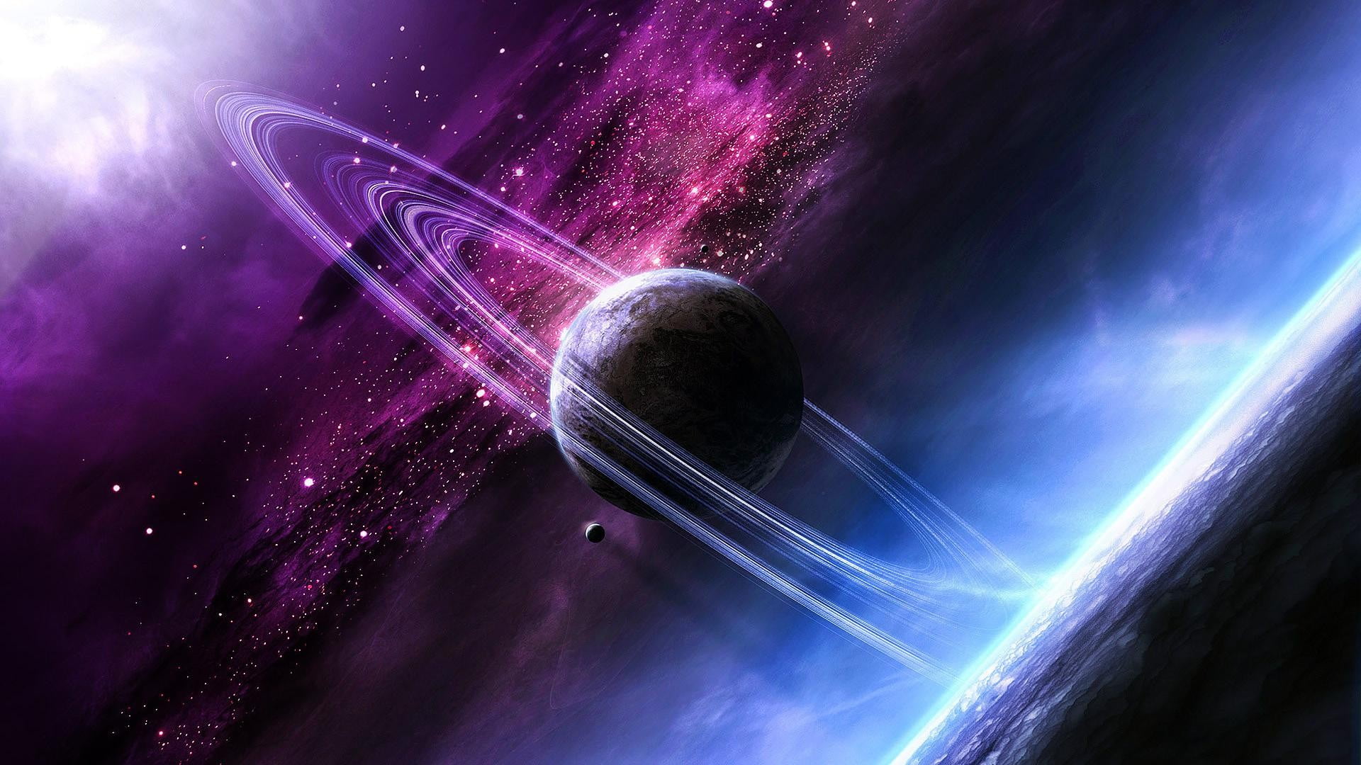 illustration of planet in galaxy space planetary rings purple 2k
