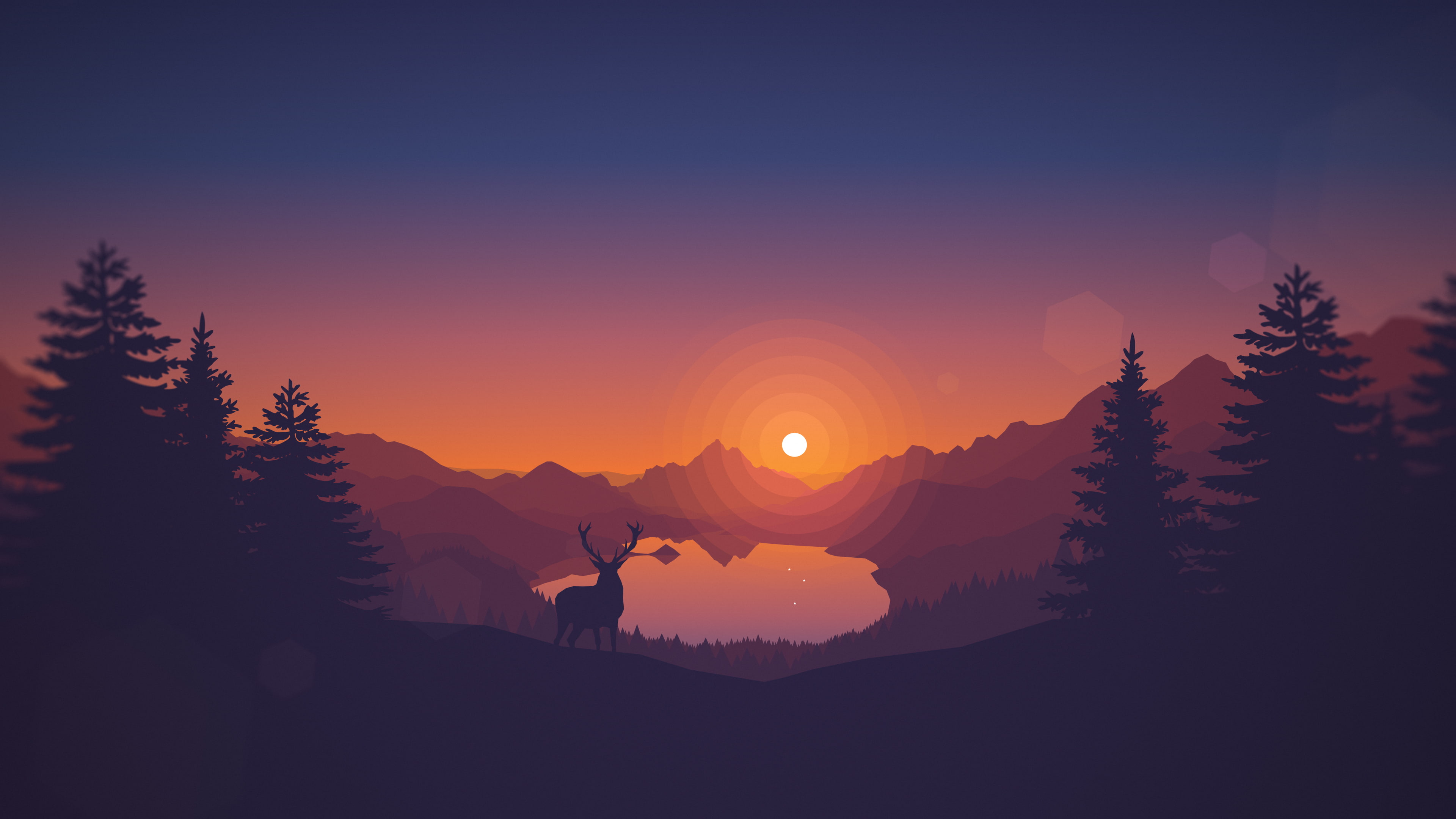 Lakeside Sunset Gradient Firewatch Landscape 2k 4k