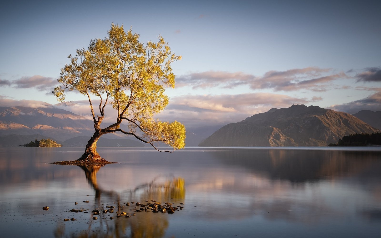 Landscape Nature Sunrise Lake Trees Mountain Water Clouds Reflection 2k