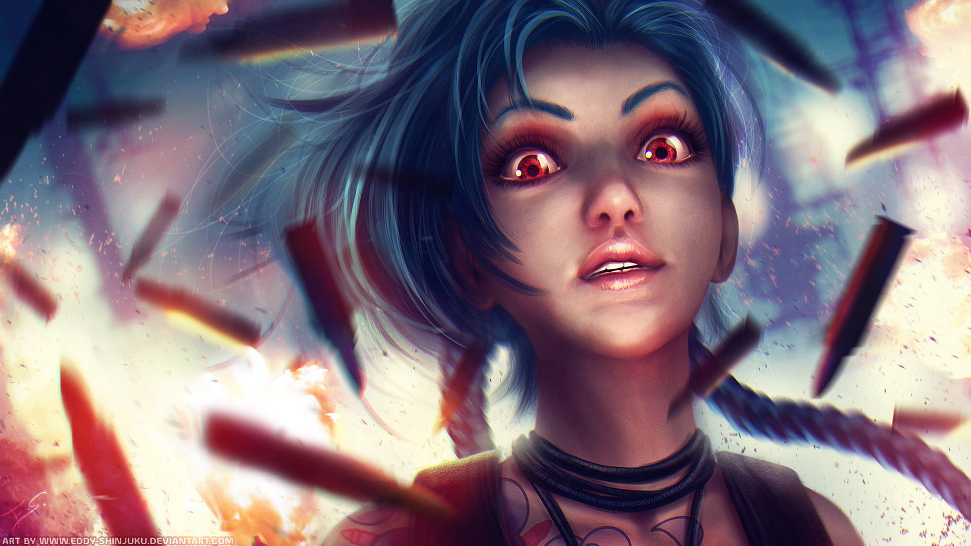 League of Legends Jinx blue haired animated female character 2k