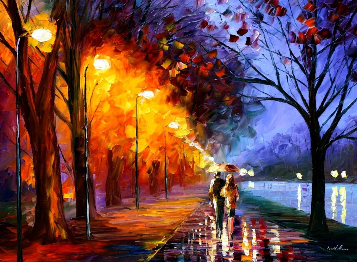 man and woman walking painting Leonid Afremov oil 2k