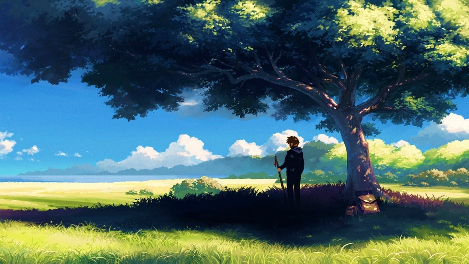 man standing under the tree digital wallpaper nature anime 2k