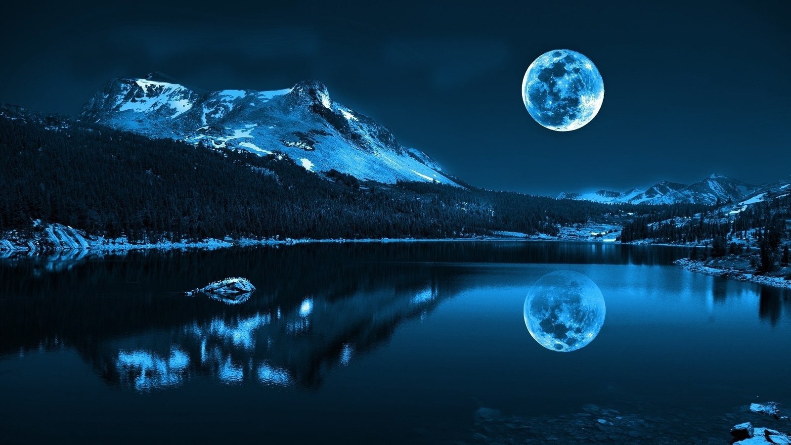 Moon lake mountains cold night nature scenery 2k