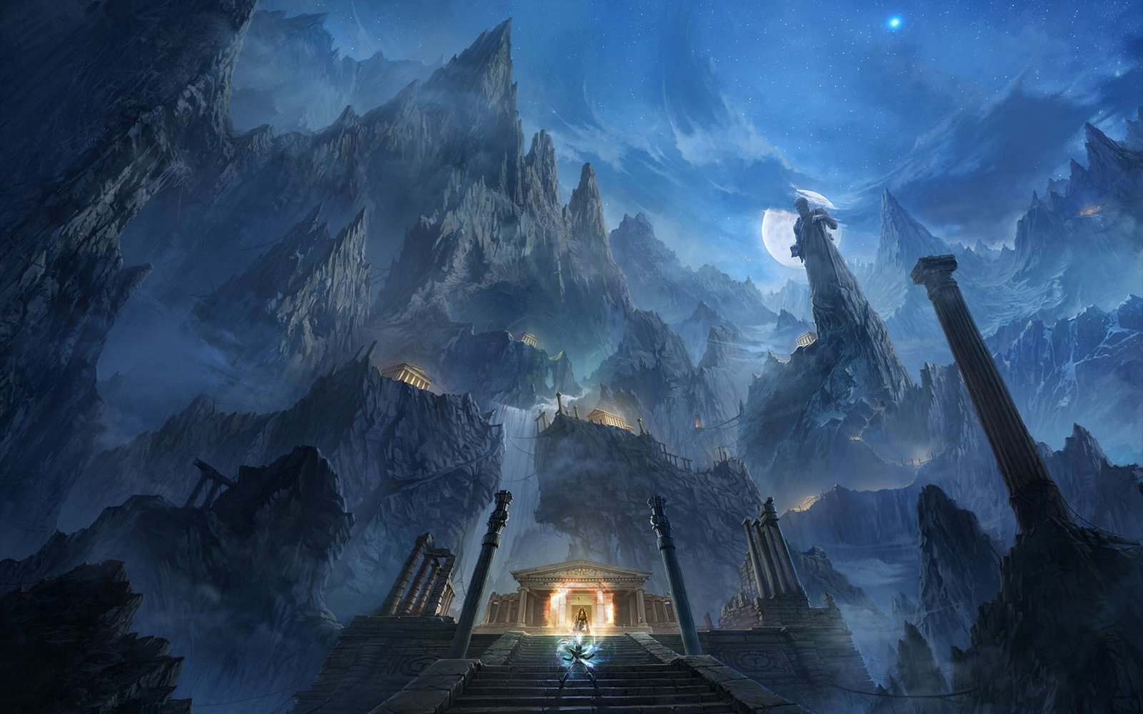 mountains night moon fight rocks fantasy art magic saint seiya greek temple Nature Mountains HD Art 2k