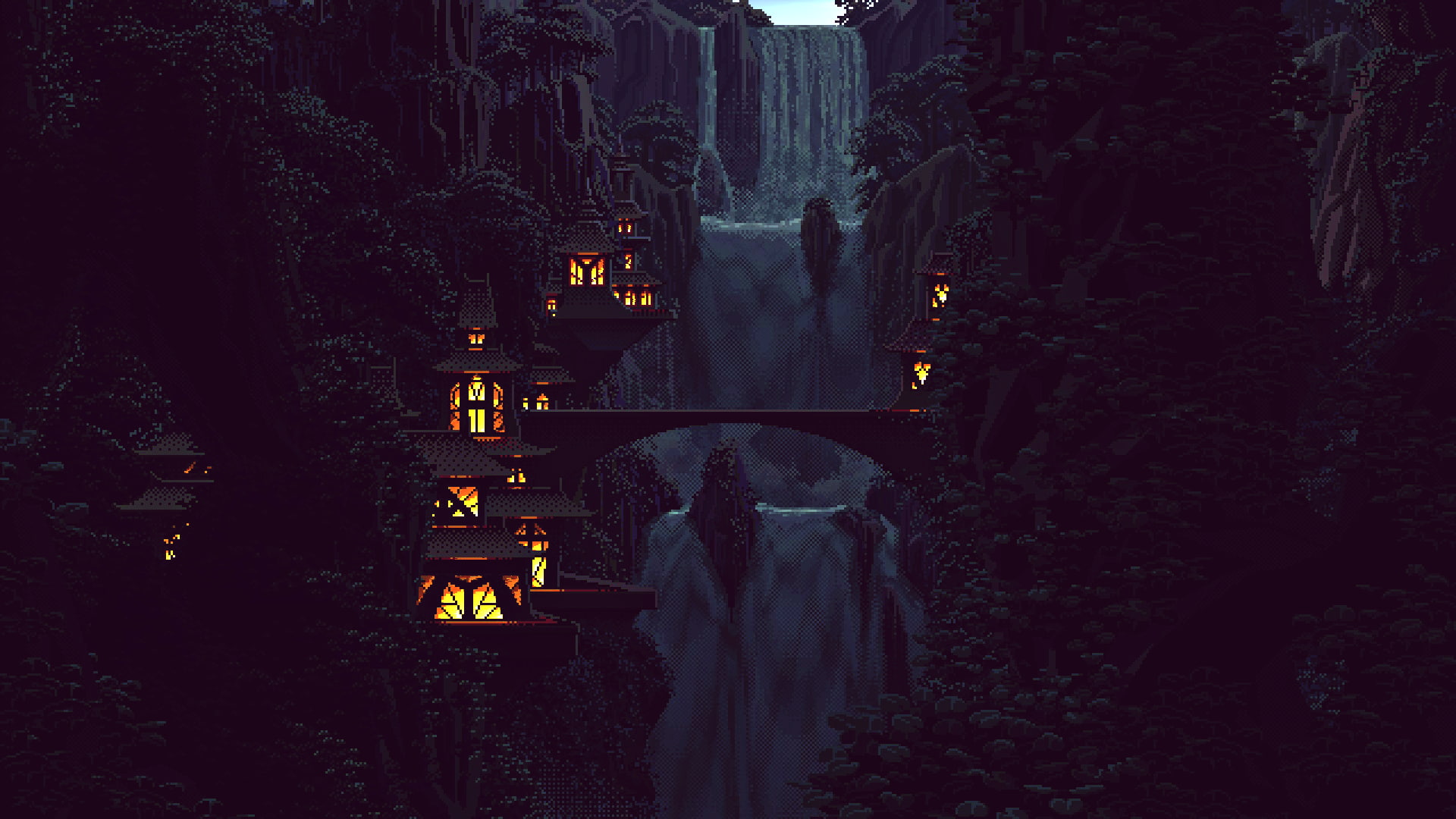 mountains 8 bit pixels Chinese architecture forest nature 2k