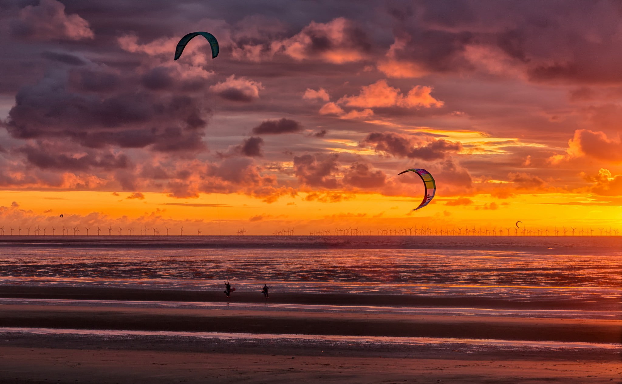 New Brighton kite surfers surfing beach sunset 2k