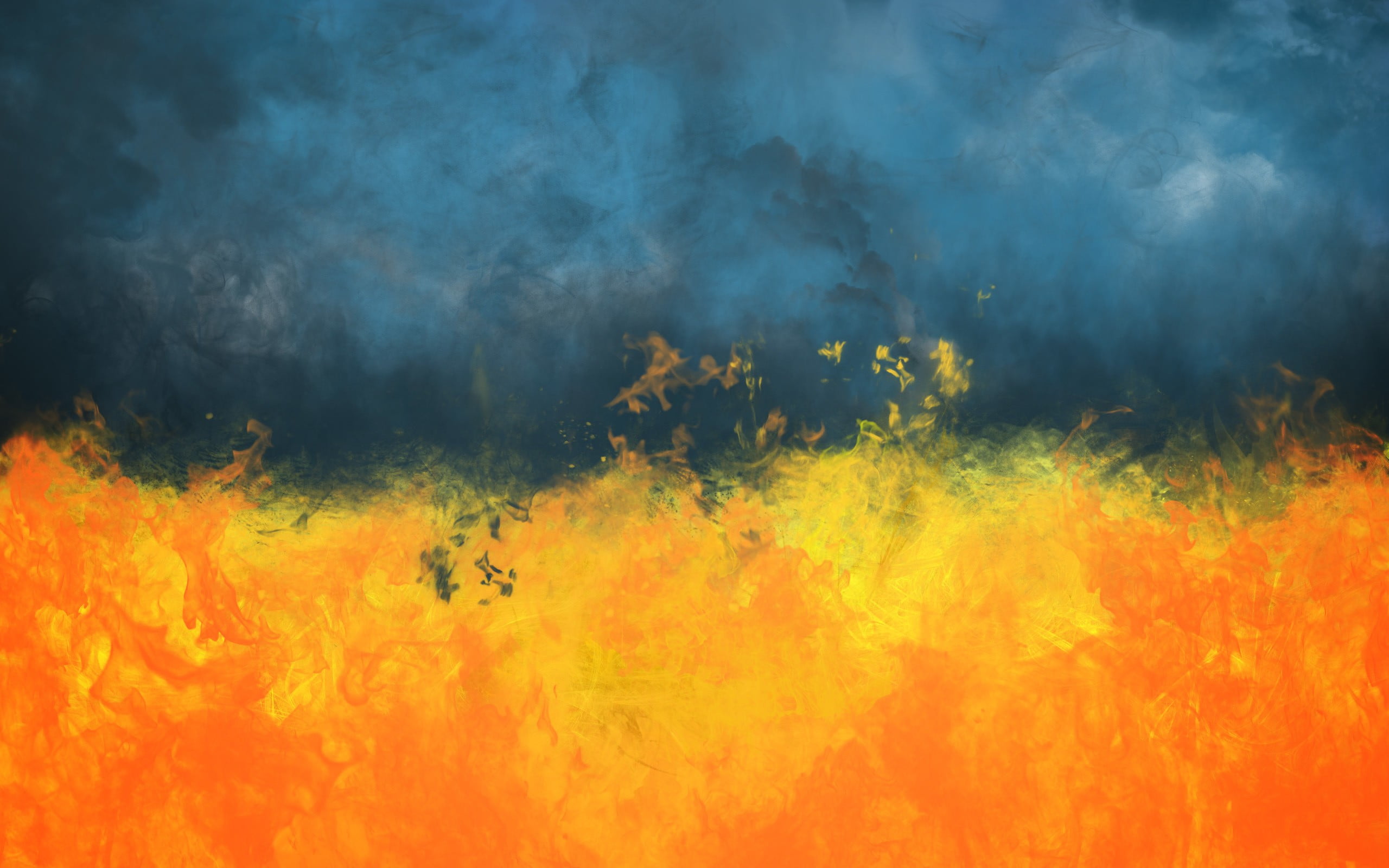 orange and blue abstract painting fire smoke Ukraine physical structure 2k