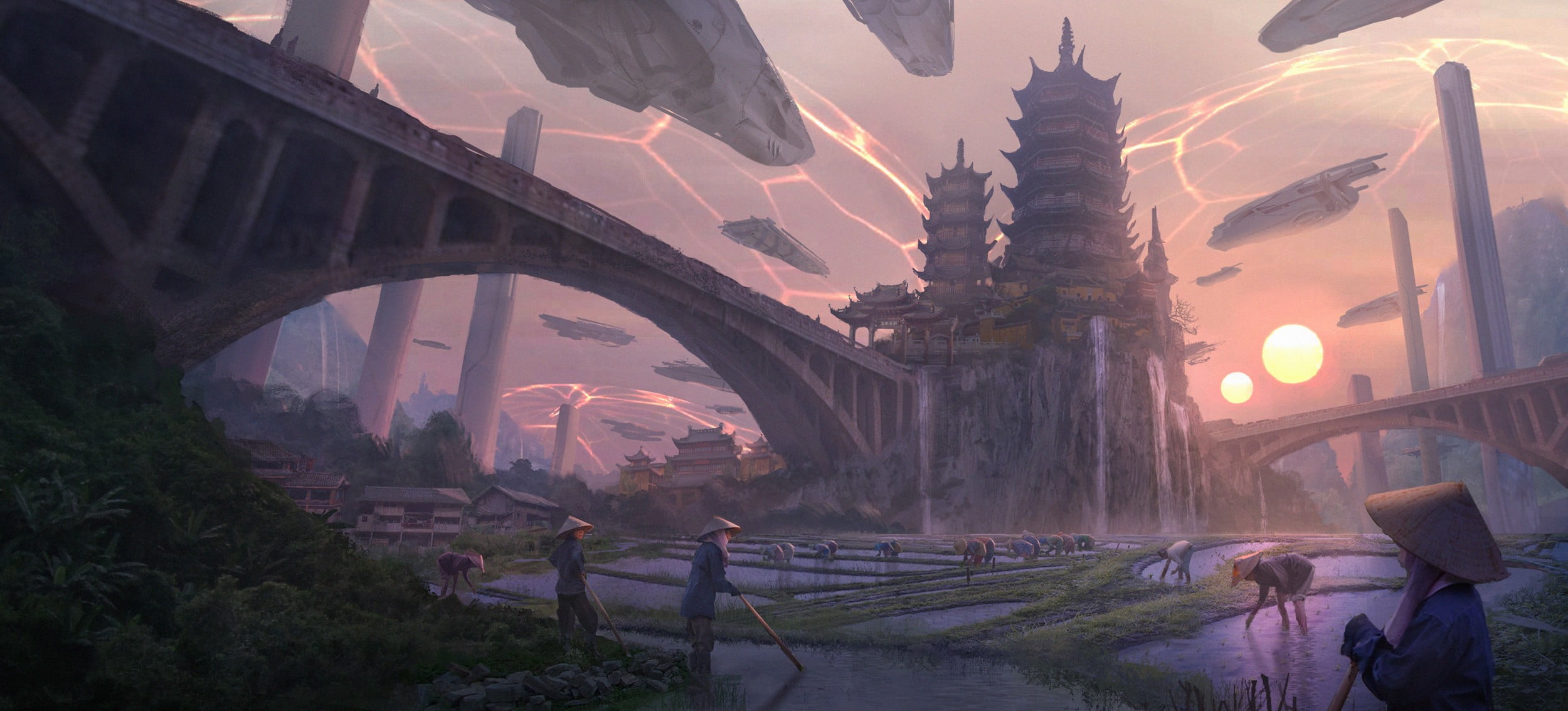 pagoda temple with bridge digital wallpaper science fiction 2k