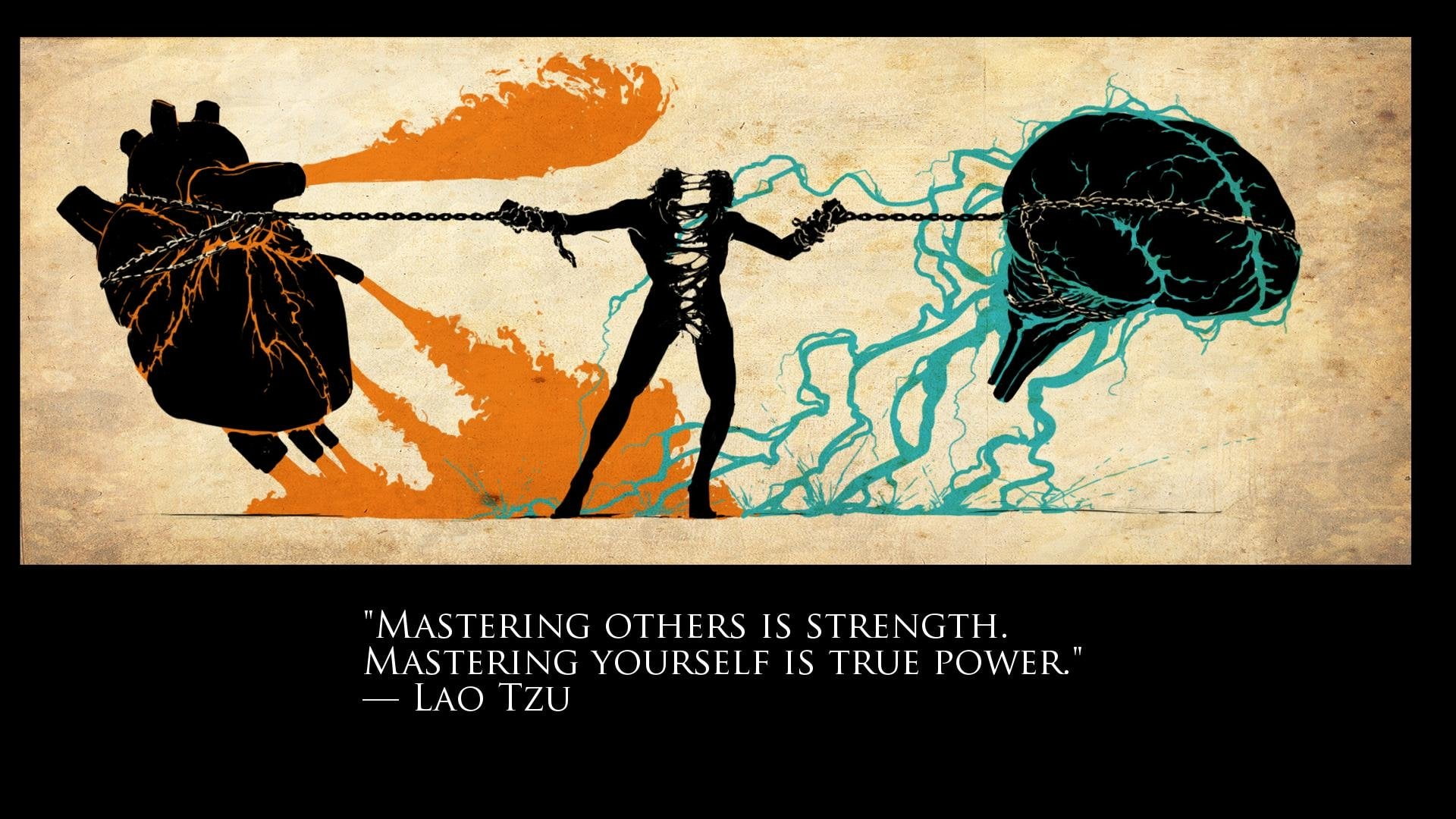 person pulling heart and brain illustration with mastering others is strength quote by Lao Tzu text overlay 2k