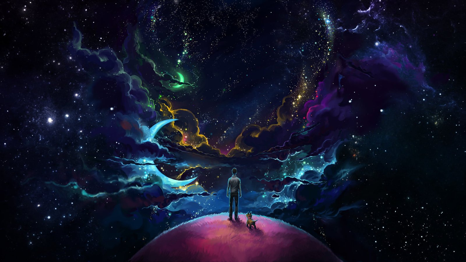 person standing on purple bottom digital art man and dog planet in front of cosmos galaxy 2k
