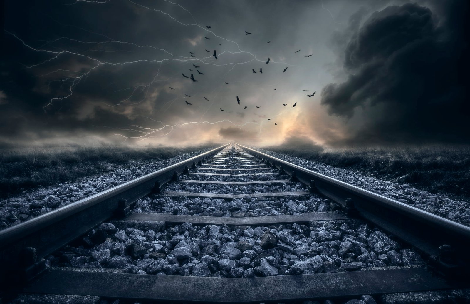 photography of train rail Track Storm Landscape Railway Clouds 2k